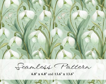 Snowdrop Seamless Pattern, Spring Botanical Digital Paper, White Floral Background, Cottage Garden Printable, Commercial Use, PNG, JPG