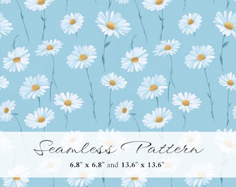 Daisy Seamless Pattern, Blue Floral Digital Paper, Cottagecore Flower Background, Printable Scrapbook Paper, Commercial Use, PNG, JPG