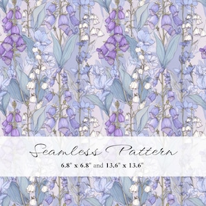 Op de afbeelding: Een naadloos patroon met paarse vingerhoedskruidbloemen en witte lelietjes-van-dalen op een lichtlavendelkleurige achtergrond. De tekst luidt Seamless Pattern 17,27 cm x 17,27 cm en 34,54 cm x 34,54 cm. Het ontwerp toont botanische illustraties met groene bladeren.