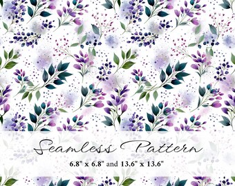 Purple Wildflower Seamless Pattern, Watercolor Floral Digital Paper, Botanical Repeat Design, Spring Meadow Background, Printable Pattern