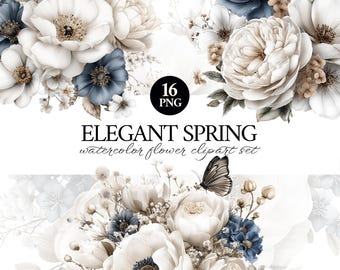 Elegant Spring Floral Clipart Set, Watercolor Planner Bouquets, PNG, Flower Design for Wedding Invitation, Scrapbooking, Commercial Use