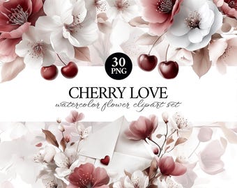 Cherry Love Romantic Flower Clipart Set, Cherry Blossoms Floral PNG, Heart-Shaped, Love Letters, Commercial Use