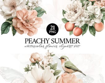 Peachy Summer Watercolor Floral Clipart Set, Flower Arrangements for Creative Project, Wedding Invitation, PNG, Commercial Use
