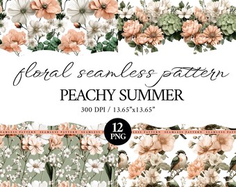 Peachy Summer Floral Seamless Paper Set, Flower PNG Digital Paper Bundle, Commercial Use