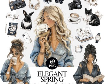Elegant Planner, Spring Watercolor Clipart Bundle, Planner PNG Elements, Journaling, Scrapbooking, Commercial Use