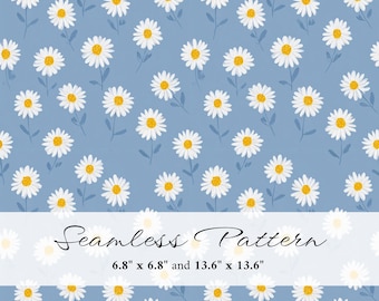 Blue Daisy Seamless Pattern, Cute Floral Digital Paper, White Flower Repeat Design, Spring Botanical Background, Printable Scrapbook Paper