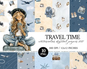 Watercolor Travel Seamless Digital Paper Set, Summer Planner PNG Scrapbook Backgrounds, Commercial Use