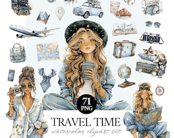 Watercolor Travel Clipart Set, Summer Adventure PNG, Digital Planner Stickers (Commercial Use)