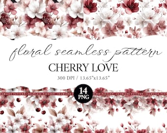 Cherry Love Floral Seamless Pattern Set, Romantic Digital Paper Bundle, Cherry Blossom PNG Scrapbook Backgrounds, Commercial Use
