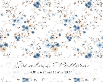Blue Floral Seamless Pattern, Dusty Botanical Digital Paper, Cottagecore Flower Repeat, Vintage Surface Pattern, Printable JPG, PNG