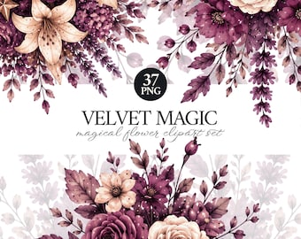 Purple Floral Clipart PNG, Watercolor Flower Clipart, Magical Vintage Botanical Clipart, Cottagecore Bundle, Boho Wedding, Commercial Use