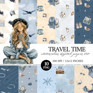 Op de afbeelding: Watercolor digitale papier set getiteld "Travel Time". De afbeelding toont een jonge vrouw met lang blond haar, zittend op een koffer, met een koffiekopje. De set bevat verschillende naadloze patronen met illustraties met reisthema's.