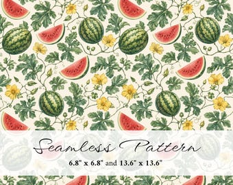Watermelon Seamless Pattern, Botanical Watercolor Digital Paper, Summer Fruit Floral PNG Background, Scrapbook Paper, Commercial Use