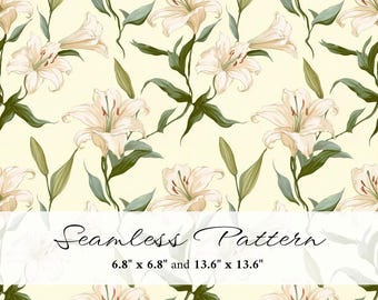 White Lily Seamless Pattern, Elegant Botanical Digital Paper, Floral Printable Background, Wedding Scrapbook Paper, Commercial Use, PNG, JPG