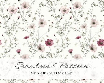 Pink Cosmos Seamless Pattern, Baby's Breath Floral Digital Paper, Romantic Botanical Repeat, Cottagecore Background, Printable PNG, JPG