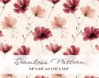 Pink Watercolor Cosmos Seamless Pattern, Romantic Floral Digital Paper, Cottagecore Vintage Flower Background, Fabric & Wrapping Paper, PNG