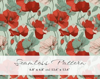 Vintage Poppy Seamless Pattern, Red Floral Digital Paper, Botanical Flower Repeat, Cottagecore Fabric Design, Wallpaper & Wrapping Paper