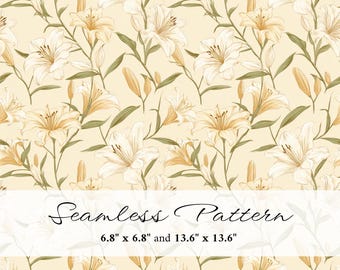 Botanical Lily Seamless Pattern, White Floral Digital Paper, Vintage Flower Background, Printable Scrapbook Paper, Commercial Use, PNG