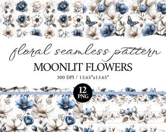 Blue Floral Seamless Patterns Bundle, Watercolor Flower Digital Paper, Cottagecore Pattern Pack, Vintage Botanical Prints, Scrapbook Paper