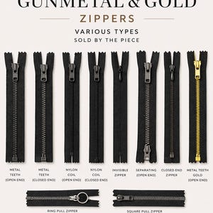 May include: An assortment of gunmetal and gold zippers, including metal teeth, nylon coil, invisible, separating, and closed-end types. The image displays various zipper styles, with text labels indicating features like premium gunmetal finish and durable performance.