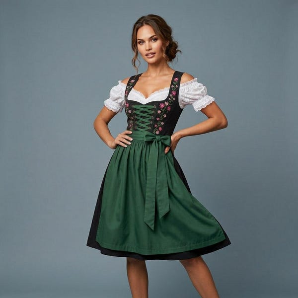 Embroidered Oktoberfest Dirndl Dress, Traditional Bavarian Folk Costume, 3 Piece German Dirndl Outfit, Midi Beer Festival Trachten Dress