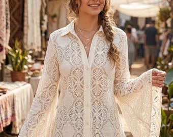 Vintage Inspired Floral Guipure Lace Western Blouse, Boho Lace Bell Sleeve Shirt, Romantic Victorian Peasant Top, Cottagecore Floral Lace
