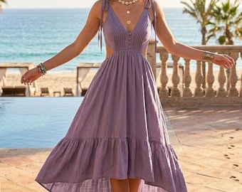 Artisanal Backless Boho Cotton Beachwear Maxi Dress, Modern Grecian Shadow Cotton Summer Outfit, Versatile Cocktail & Wedding Guest Gown