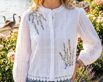 Boho Floral Embroidered White Eyelet Blouse, Romantic Cottagecore Button-UP Shirt with Puff Sleeves & Scalloped Hem, 100% Cotton Artisan Top