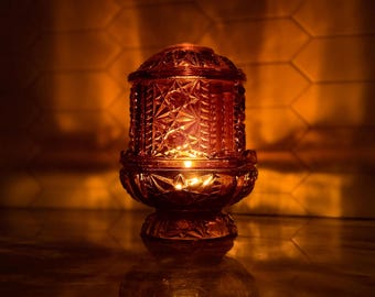 Vintage Indiana Glass Stars and Bars (Amber) colored Fairy Lamp (Tea light candle included)