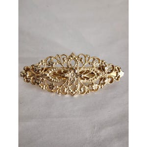 Könnte beinhalten: Eine goldfarbene Haarspange aus Metall mit einem filigranen Design, durchbrochenen Mustern und kleinen floralen Motiven. Das längliche, oval geformte Accessoire hat eine polierte Oberfläche und einen sichtbaren Verschlussmechanismus auf der Rückseite.
