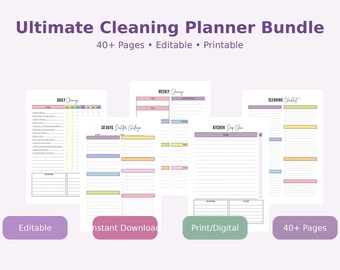 May include: An image of a cleaning planner bundle, featuring the text "Ultimate Cleaning Planner Bundle". The bundle includes printable and editable pages for daily, weekly, and kitchen cleaning, and a 30-day challenge. The image also includes the text "40+ Pages".