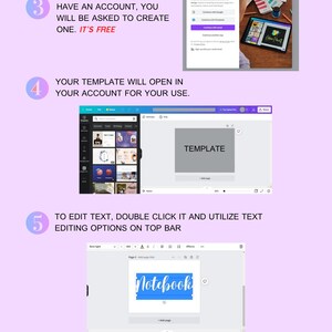 May include: A digital instructional guide featuring three steps. Step 3 shows a login screen. Step 4 displays a template interface with a grey box. Step 5 illustrates text editing with the word Notebook highlighted in blue on a white background.