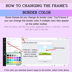 May include: An instructional graphic titled Mamie's Porch Light Paper Co. explaining how to change a frame's border colour. It features text steps and a screenshot of a digital editor interface with red arrows pointing to specific colour selection tools.