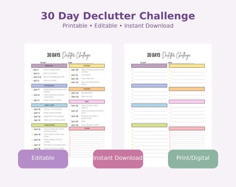 May include: A 30 Day Declutter Challenge printable planner featuring two pages with colour-coded sections for daily tasks. The text reads 30 Day Declutter Challenge, Printable, Editable, Instant Download, and Print/Digital on buttons.
