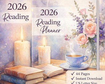 May include: A watercolour illustration of a 2026 Reading Planner, candles, books, and a cup of tea. The planner cover displays flowers and the text "2026 Reading Planner". Features include 44 pages, instant download, and US Letter size.
