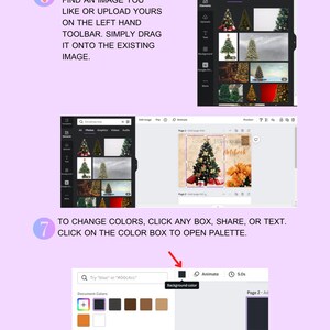 May include: A digital instructional graphic on a light purple background featuring two steps. Step 6 explains replacing photos by dragging images from a toolbar. Step 7 details changing colours by clicking a box to open a colour palette menu.