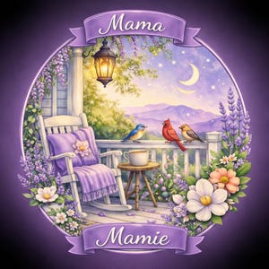 May include: A circular illustration featuring a white rocking chair with a purple cushion and throw blanket on a porch. A small table holds a cup, with blue and red birds nearby. Lavender and white flowers frame the scene under a crescent moon.