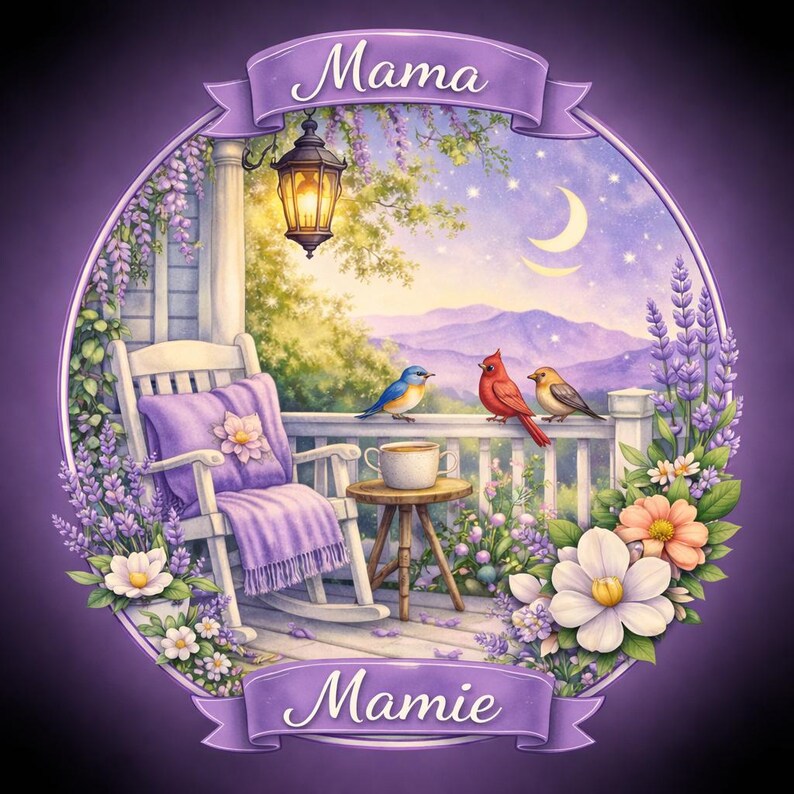 May include: A circular illustration featuring a white rocking chair with a purple cushion and throw blanket on a porch. A small table holds a cup, with blue and red birds nearby. Lavender and white flowers frame the scene under a crescent moon.