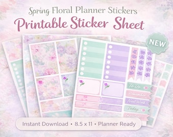 May include: Spring Floral Planner Stickers Printable Sticker Sheet. Multiple sheets feature pastel floral patterns, checklists, and labels with text including To Do, Remember, Next Week, Today, and Important. Includes a 21.59 x 27.94 cm label.