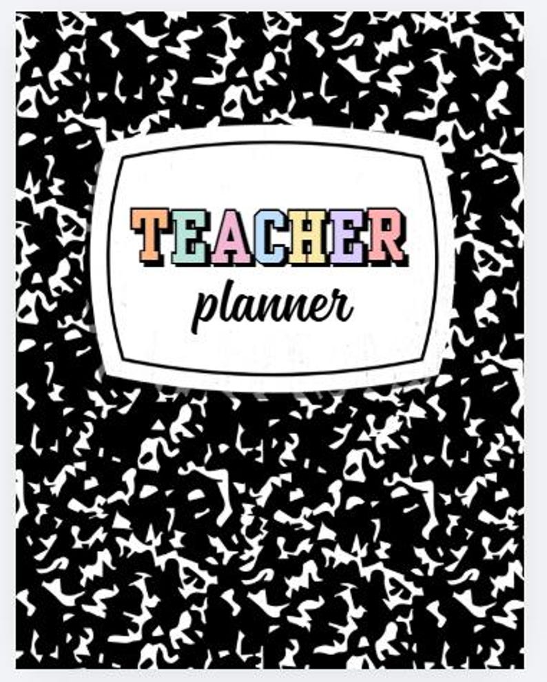 May include: A rectangular planner with a black and white composition notebook pattern. A central white label with a black border features the text TEACHER in multicoloured block letters and the word planner in a black cursive script font.