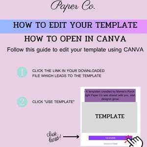May include: An instructional graphic on a light pink background titled Mamie's Porch Light Paper Co. It outlines steps to edit a template in Canva, including clicking a link, selecting Use Template, and a visual example of the interface with a cursor.