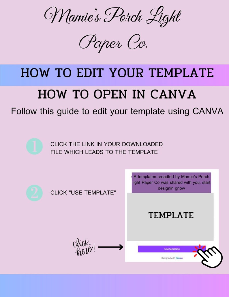 May include: An instructional graphic on a light pink background titled Mamie's Porch Light Paper Co. It outlines steps to edit a template in Canva, including clicking a link, selecting Use Template, and a visual example of the interface with a cursor.