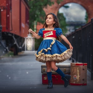 Polar Express Inspired Dress, Christmas Dress, Train Dress, Holiday Dress, Winter Dress, Girls Christmas Dress, Blue and Gold Dress