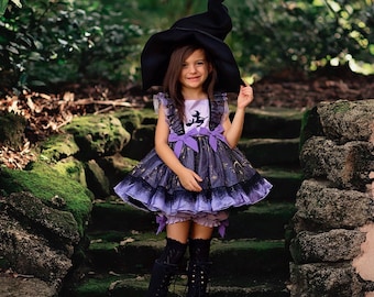 Costume De Sorcière Halloween 2025 Pour Fille - Robe Violette Avec Chapeau Noir - Manches Bouffantes, Qualité Réutilisable
