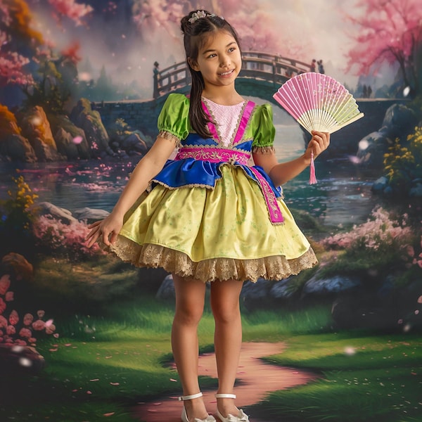 Op Mulan geïnspireerde jurk, Mulan-kostuum, Aziatische prinses, Chinese prinses, prinsessenjurk, Halloween-kostuum prinses, Mulan-jurk meisjes