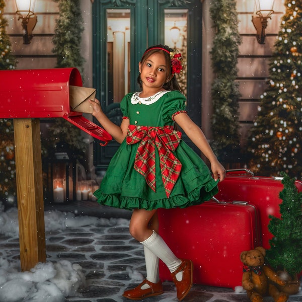 Robe de Noël classique pour fille, Robe de vacances pour fille, Robe pour séance photo de Noël pour fille, Robe pour photos de Noël de famille et Robe de Noël verte,