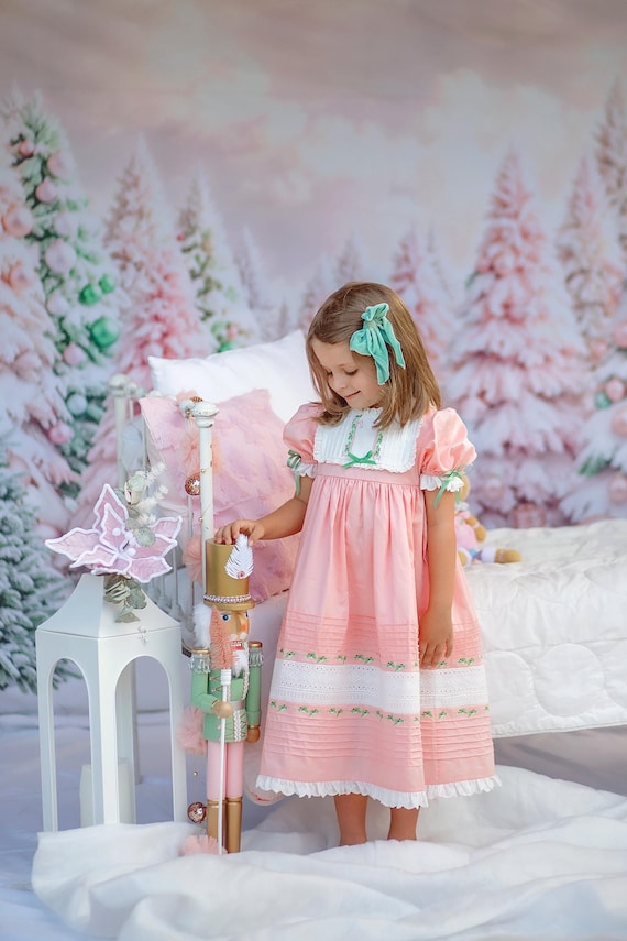 white christmas dresses Children's Christmas Outfit, Embroidered Candy Cane White Cotton Dress