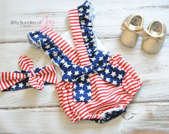 patriotic romper - Fourth of July Outfit - Independence Day Romper - Stars and Stripes Romper - Memorial Day Romper - American Flag Romper