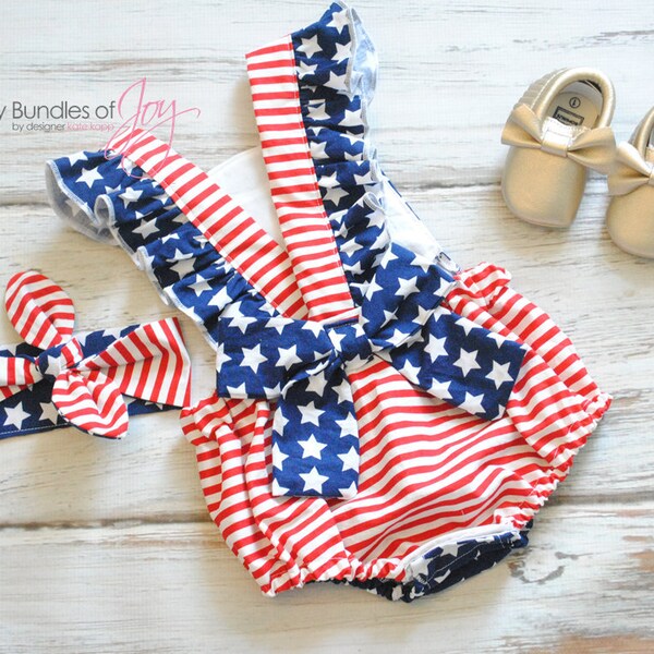 White American Flag Star Spangled Polo Romper