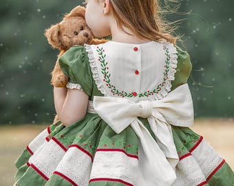 女の子のクリスマスドレス、ヒイラギドレス、女の子のホリデードレス